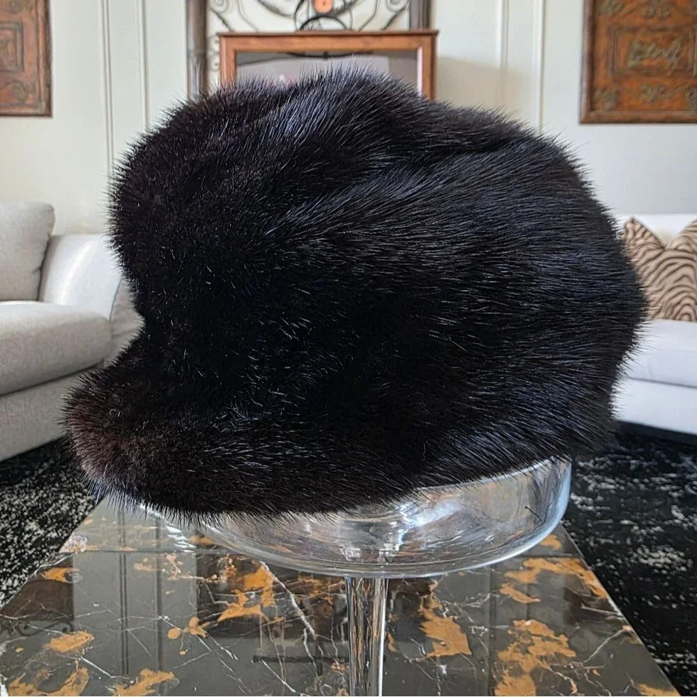 Real Fur Baseball Cap Hat Dark Brown 21' Circumference